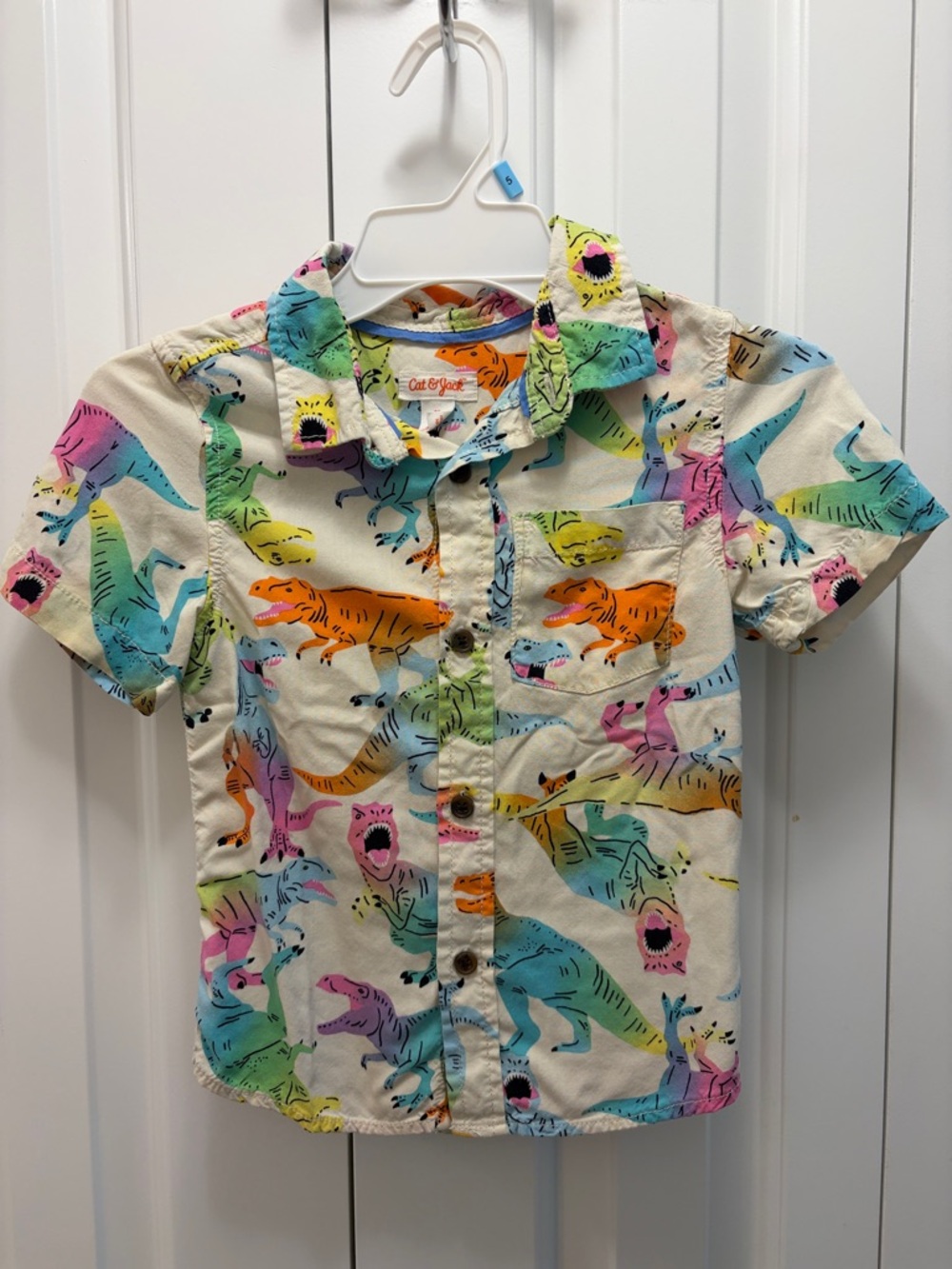 Cat & Jack Cream Short Sleeve Button-Front Dino Print Shirt